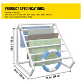 Pool Towel Rack, 8 Bar, White, Freestanding Outdoor PVC Triangular Poolside Storage Organizer, Include 8 Towel Clips, Mesh Bag, Hook, Also Stores Floats and Paddles